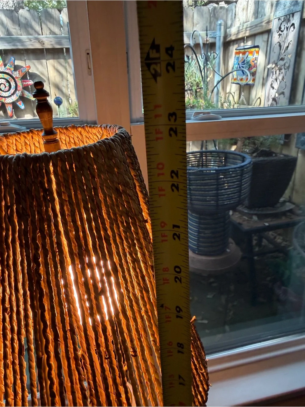 Vintage White Glass and Brass Small Table Lamp. Jute Shade. Hand Painted Stripe